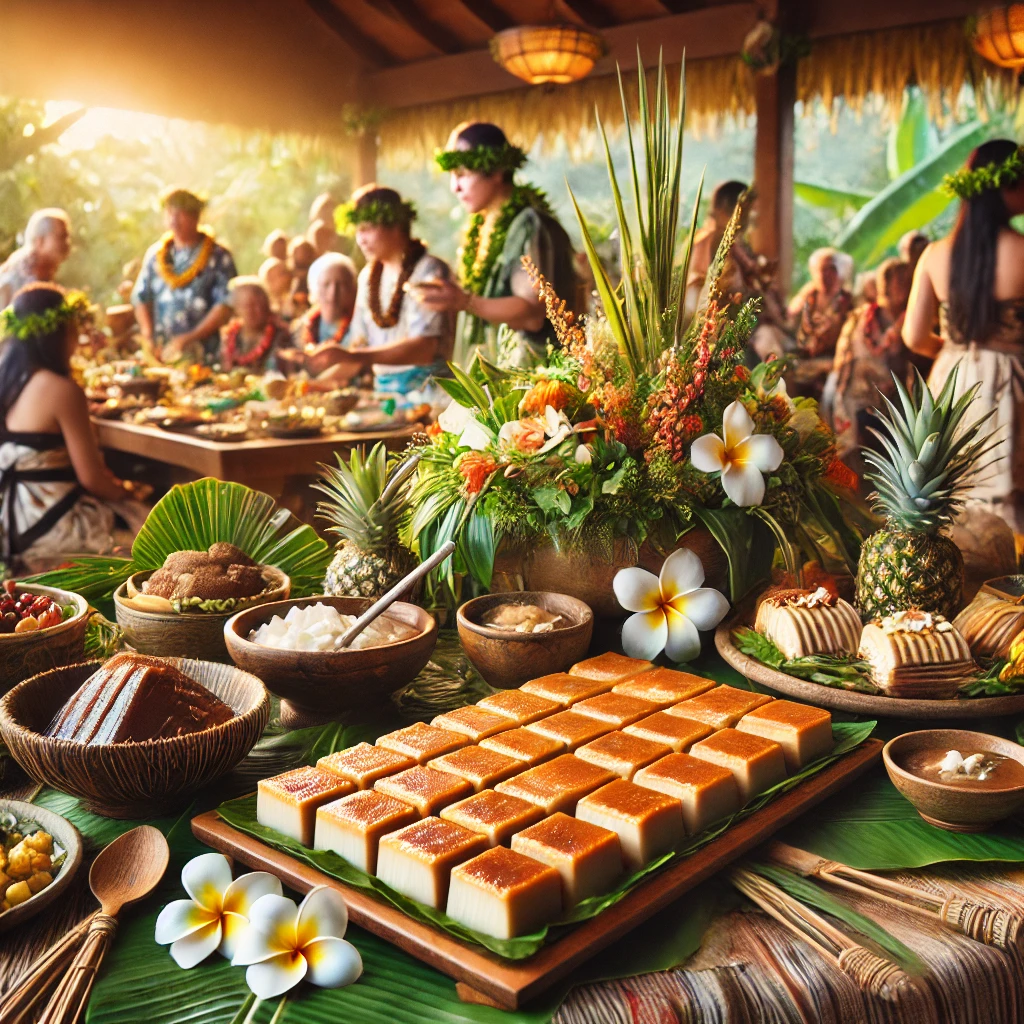 A traditional Hawaiian luau featuring Haupia, emphasizing its significance in cultural festivities. 