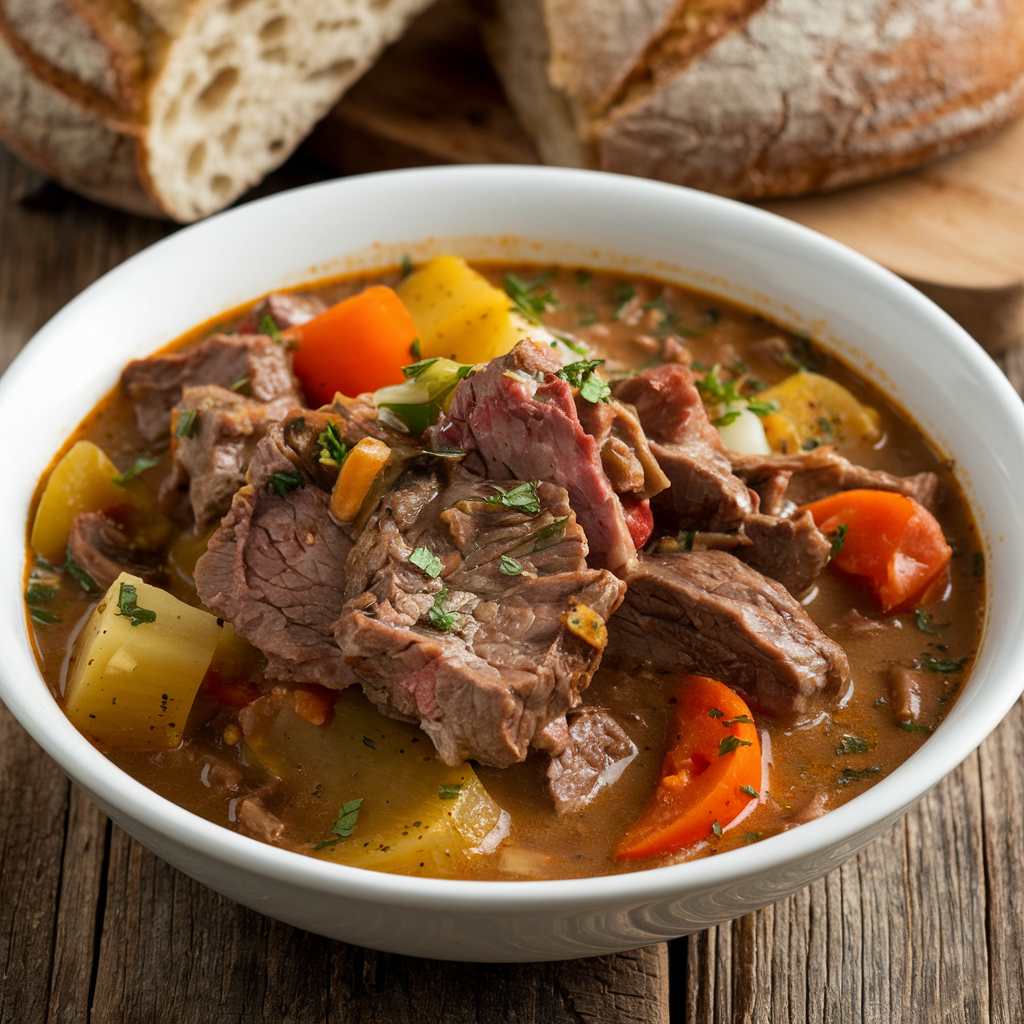 Hearty beef stew made with beef stock, vegetables, and tender beef.
