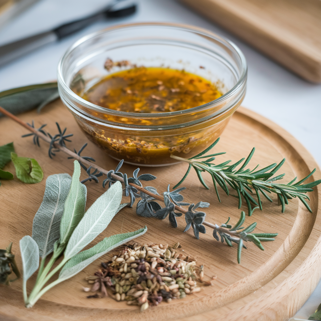 A variety of herbs and spices used in traditional dressing.
