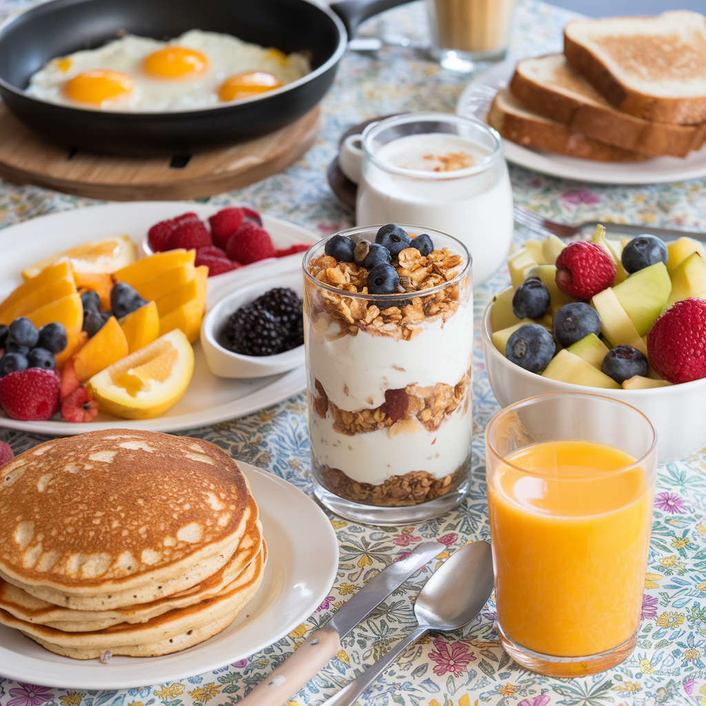 A high-protein breakfast spread with eggs, yogurt parfaits, pancakes, and fruits.