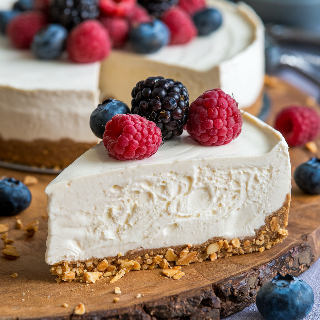 High-protein cheesecake slice with berries and chia seeds.
Title: High-Protein Cheesecake with Fresh Berries