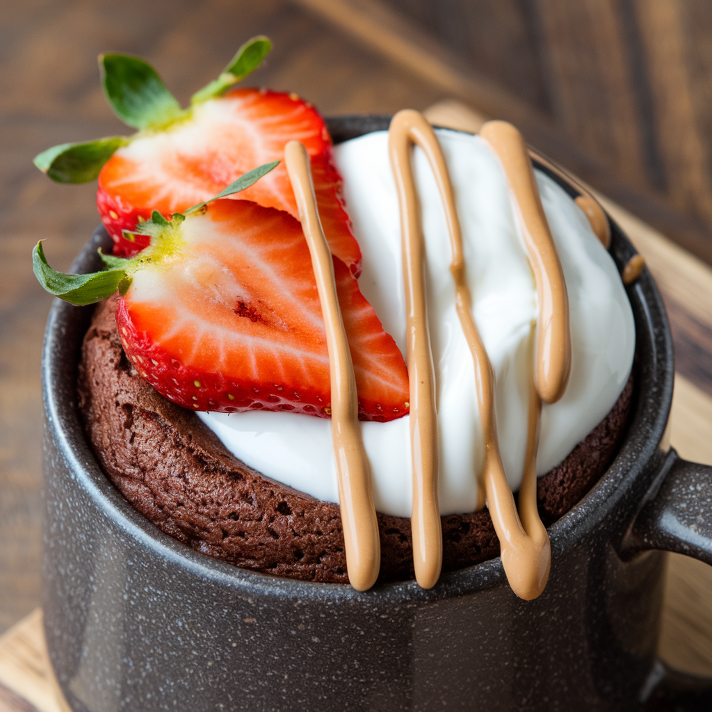 High-protein chocolate mug cake topped with Greek yogurt, strawberries, and almond butter.
