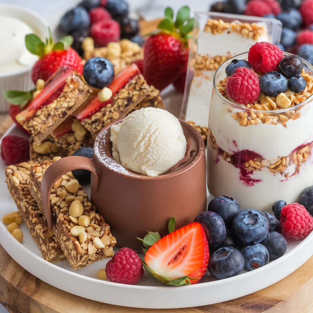 High-protein desserts on a platter, including chocolate mug cake, yogurt parfait, and protein bars.