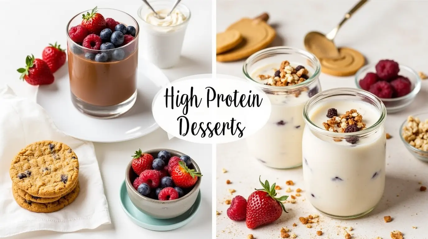 A spread of high protein desserts including chocolate mousse, parfaits, and cookies.