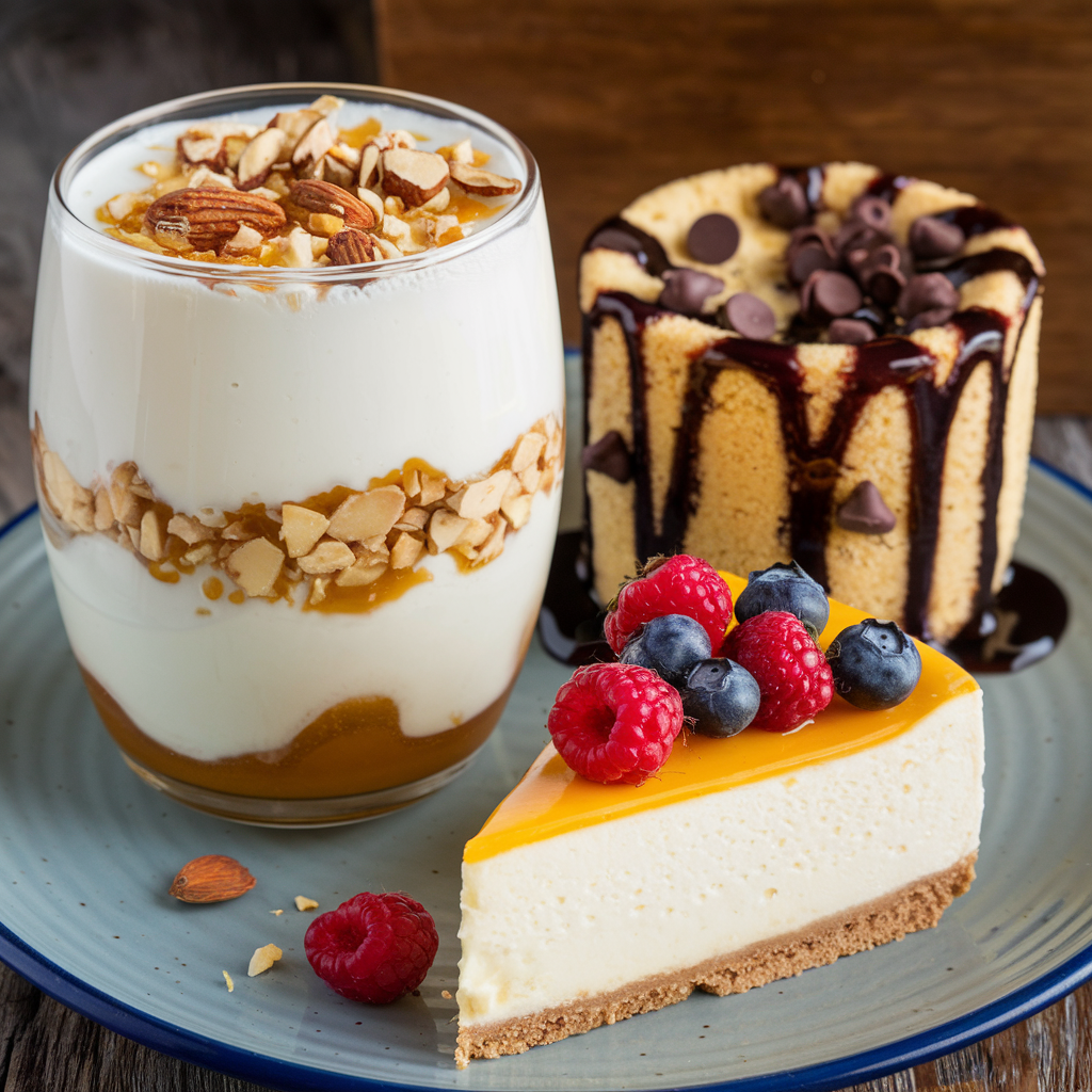 High-protein desserts including Greek yogurt parfait, protein mug cake, and cheesecake.