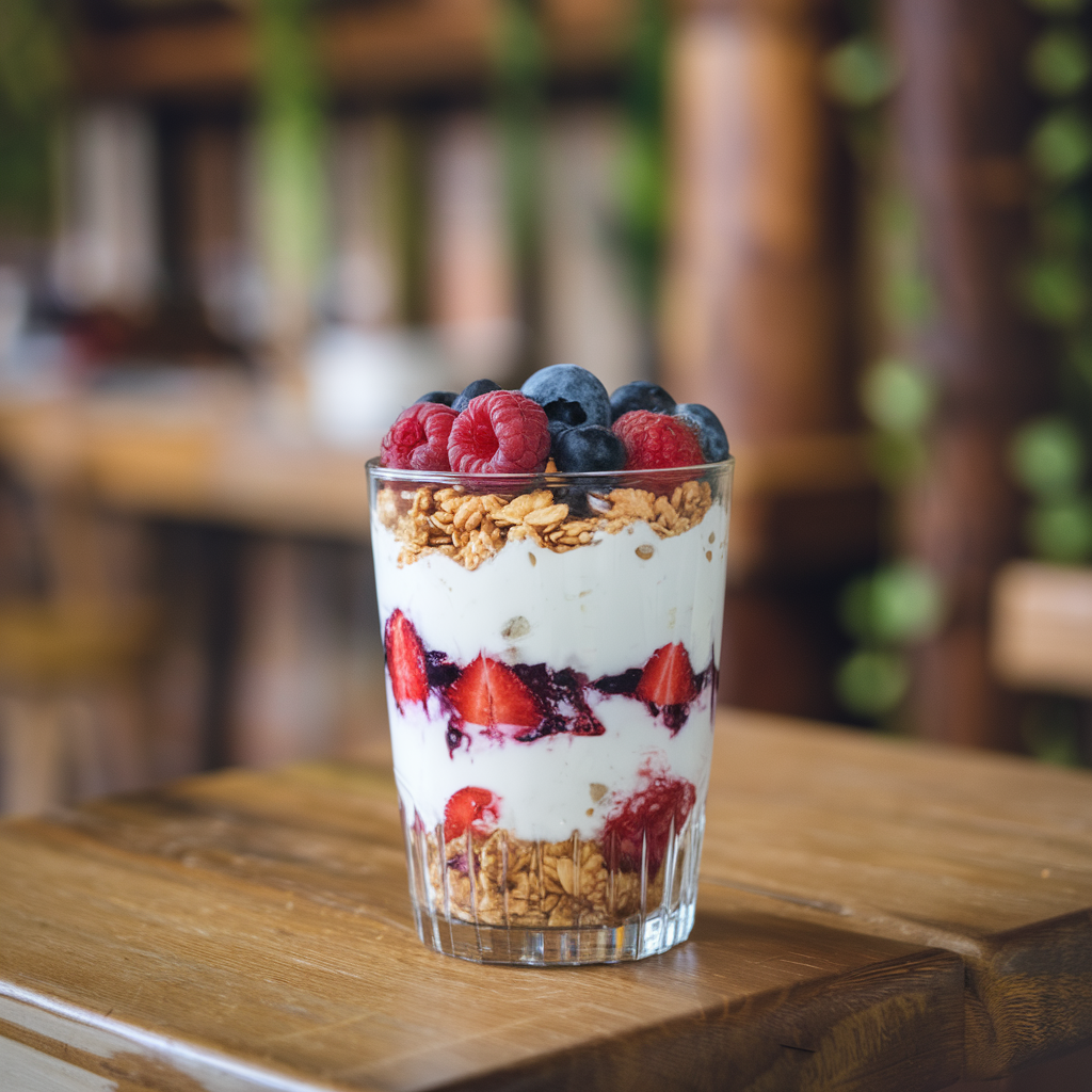 High-protein parfait with Greek yogurt, granola, and fresh berries in a glass.
