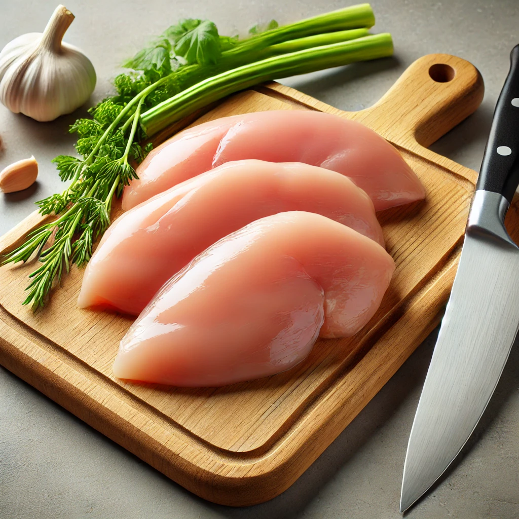 Fresh chicken breasts on a cutting board with a sharp knife, ready to be diced.
