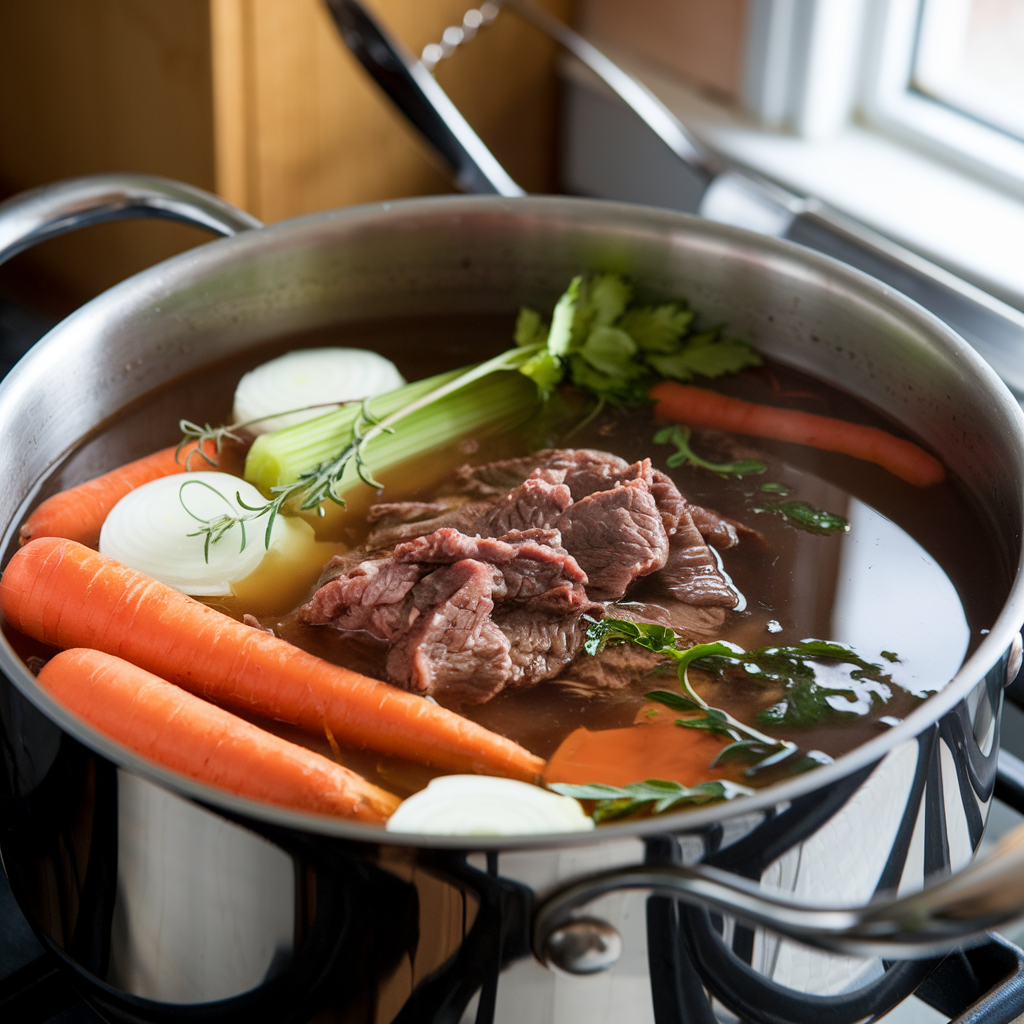 A pot of rich homemade beef stock simmering with vegetables and herbs.