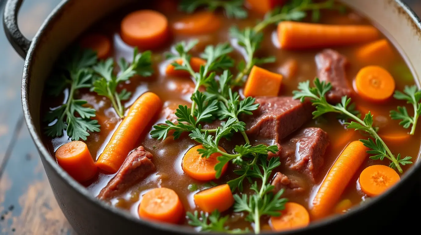 A pot of rich homemade beef stock simmering with vegetables and herbs, freeze beef stock