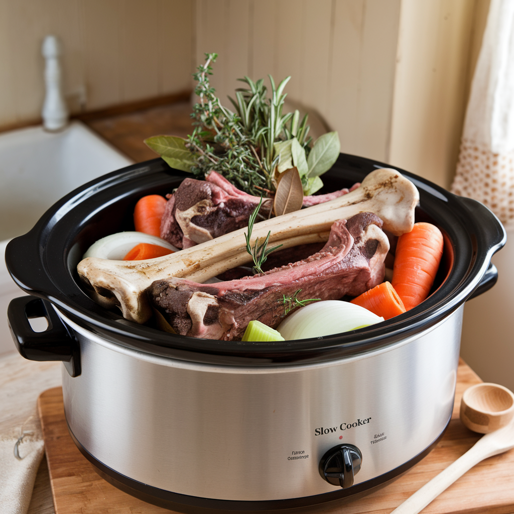 Beef stock simmering in a pot with fresh vegetables and herbs.