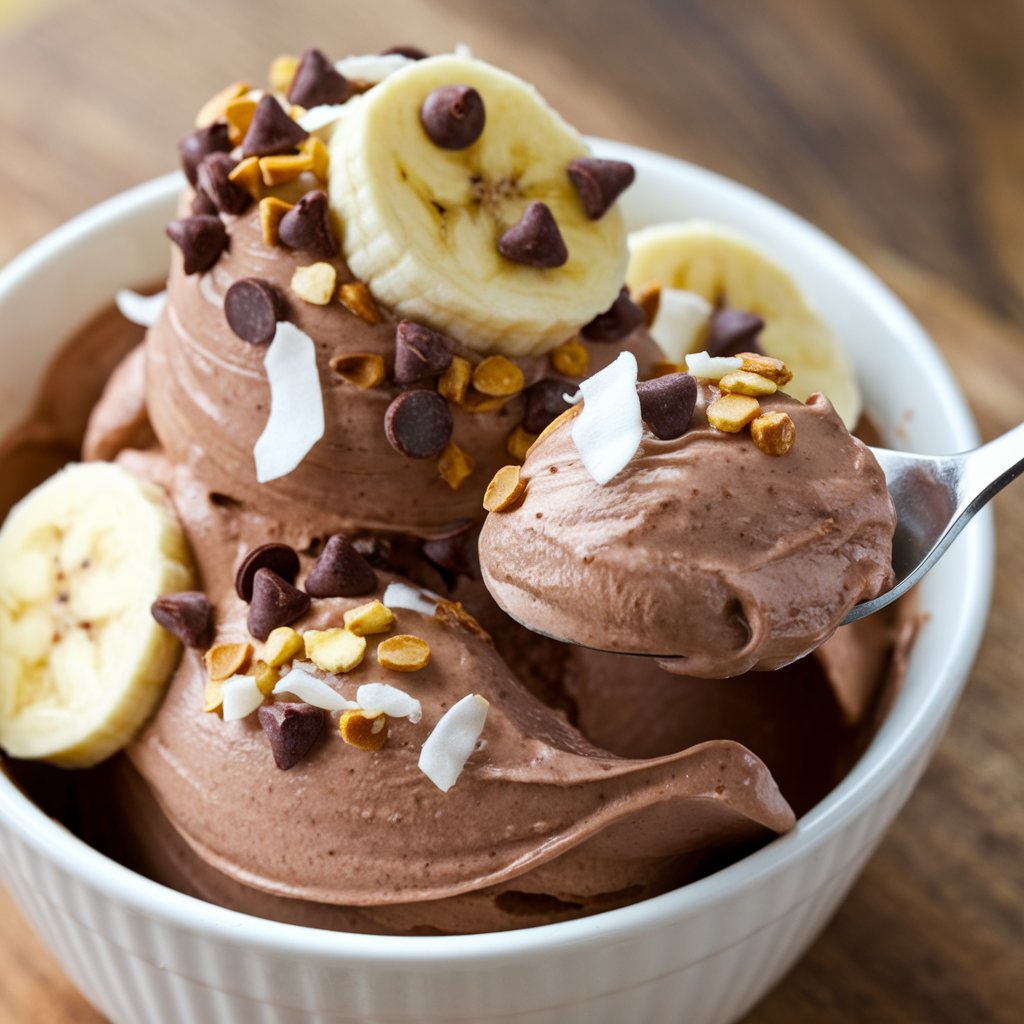 Two scoops of homemade chocolate banana nice cream served in a bowl, garnished with dairy-free chocolate chips and mint leaves.
