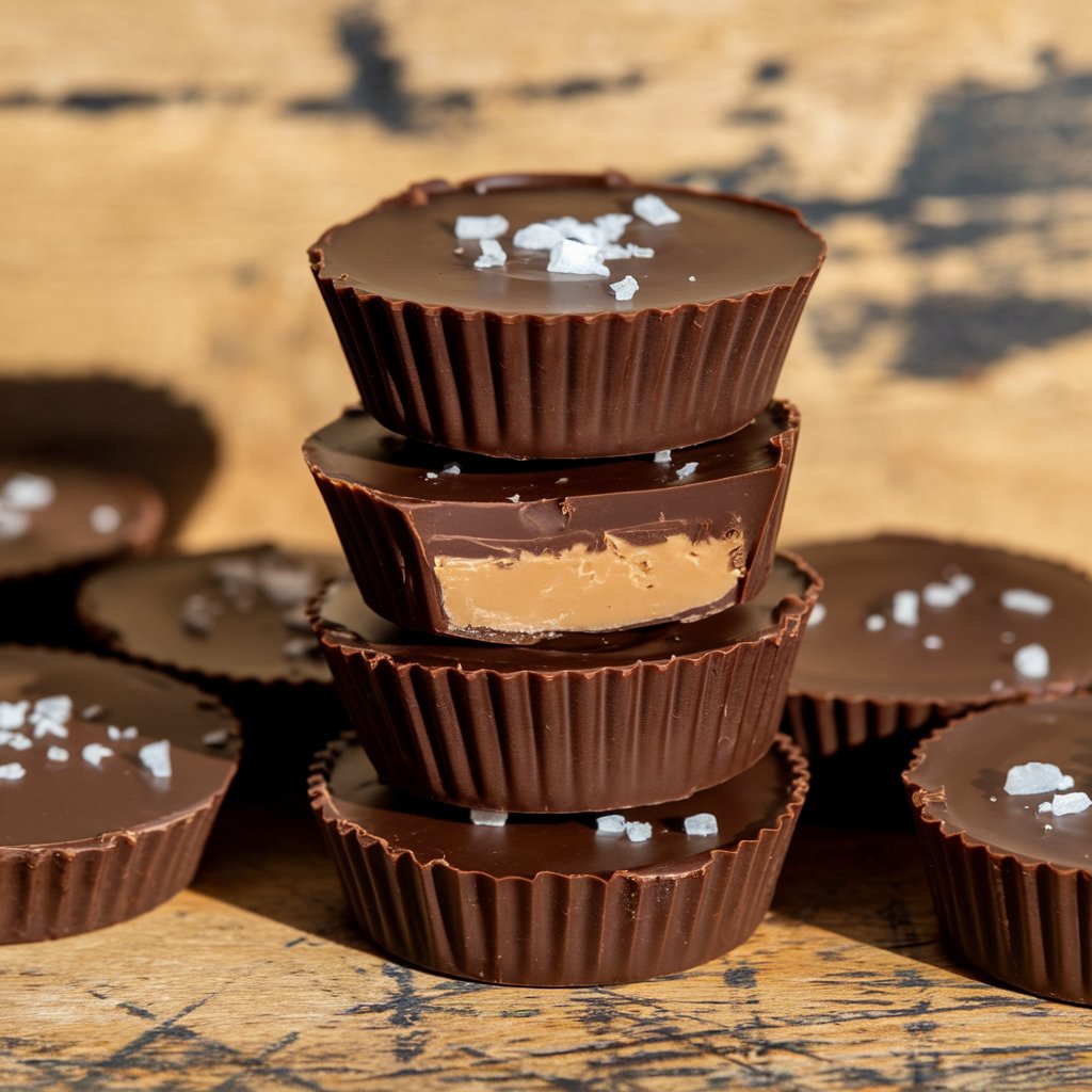 Homemade peanut butter cups in a cupcake liner, topped with a drizzle of dairy-free chocolate and sea salt flakes.