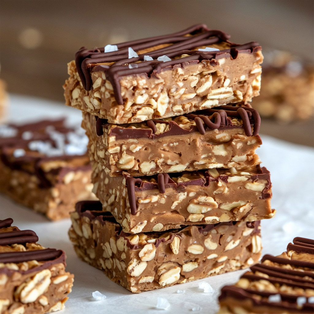 Protein bars made with oats, peanut butter, and honey, stacked on a rustic wooden table.
