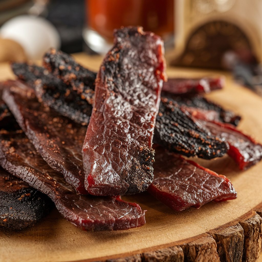 Smoked Beef Jerky on a Wooden Board