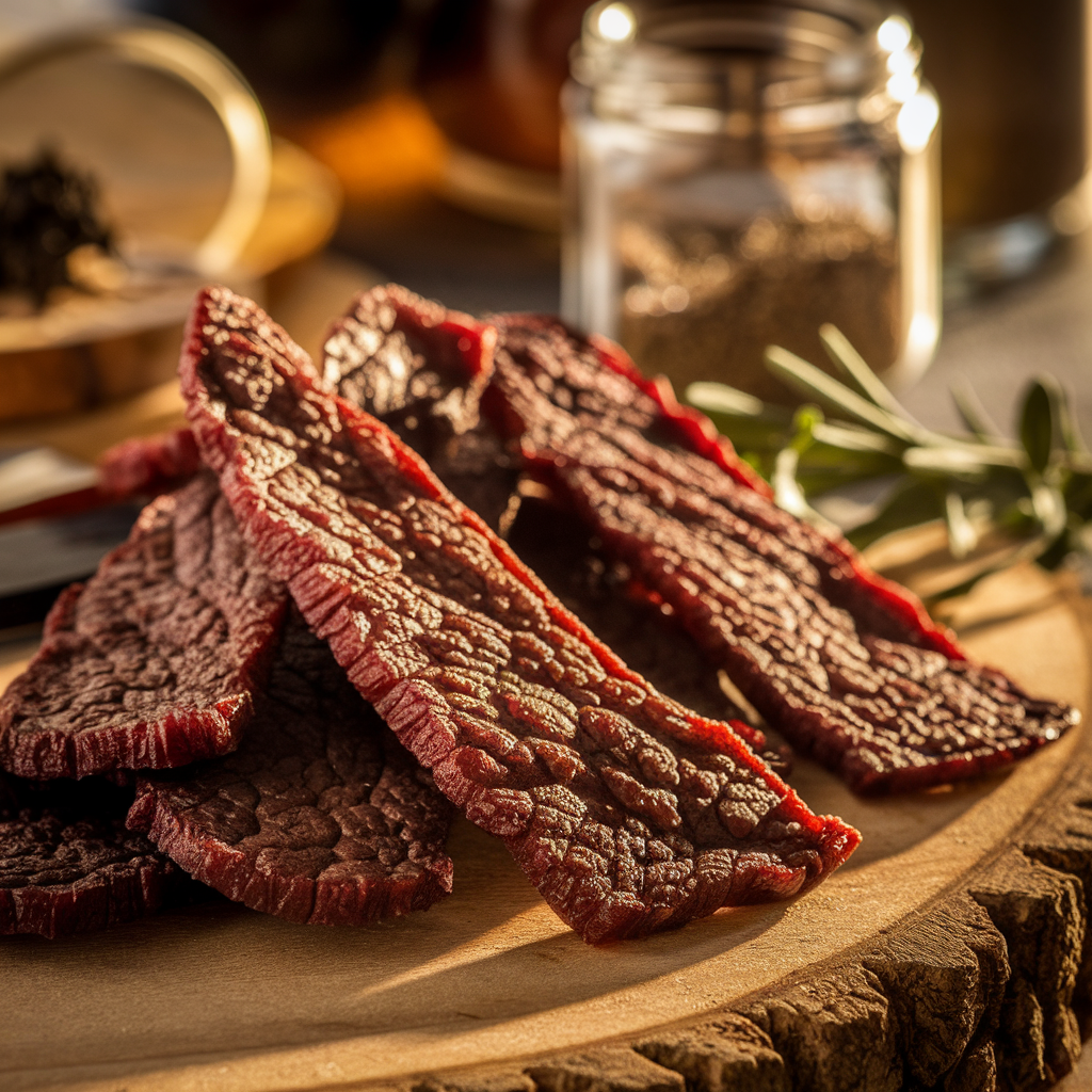 Smoked Beef Jerky on a Wooden Board