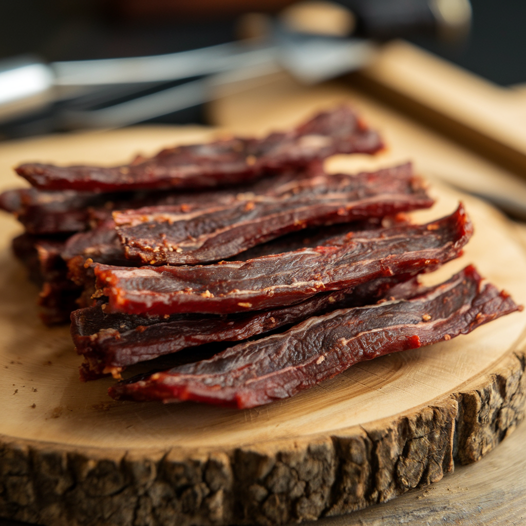 Smoked Beef Jerky on a Wooden Board