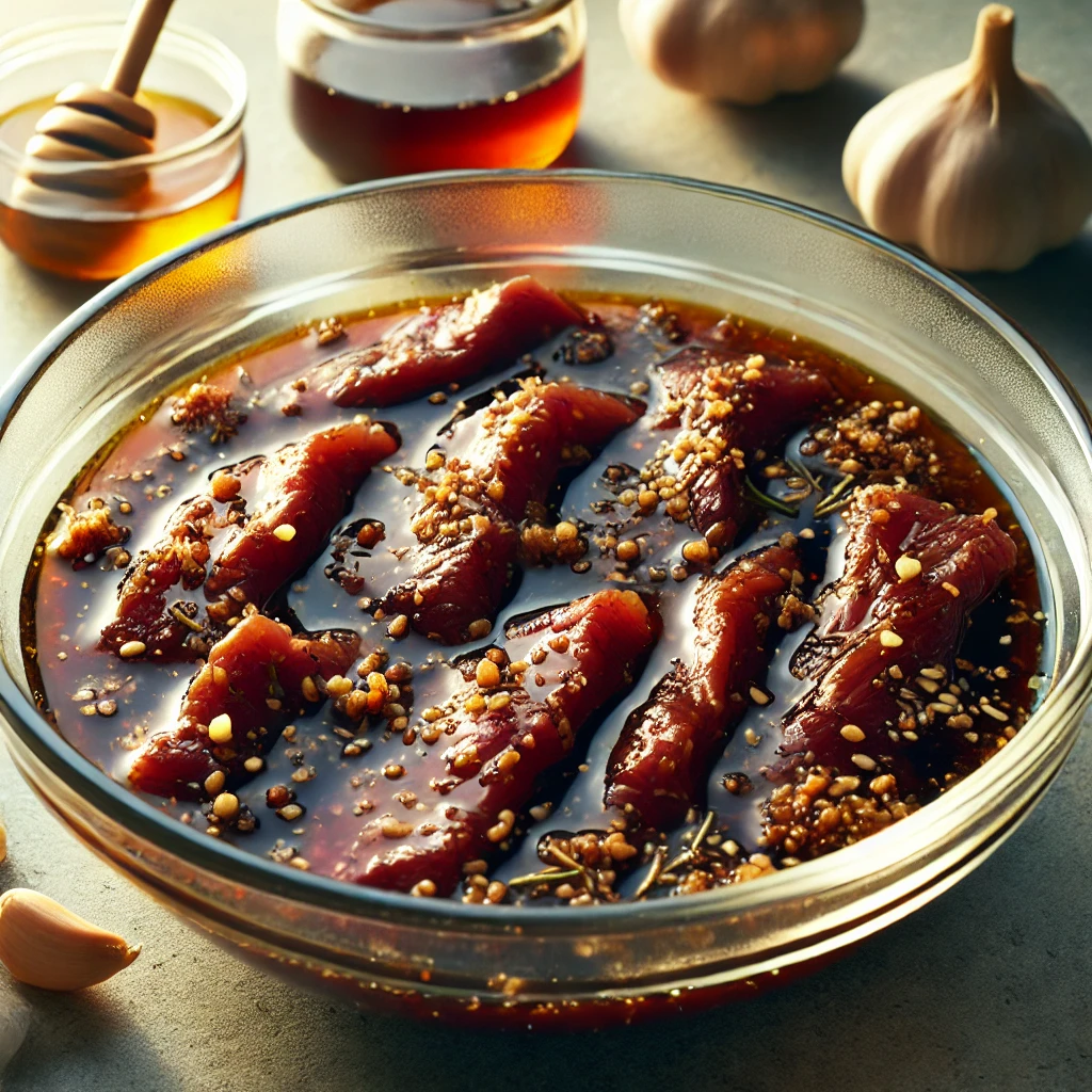 Beef strips marinating in a teriyaki sauce in a clear bowl, ready to be turned into jerky.