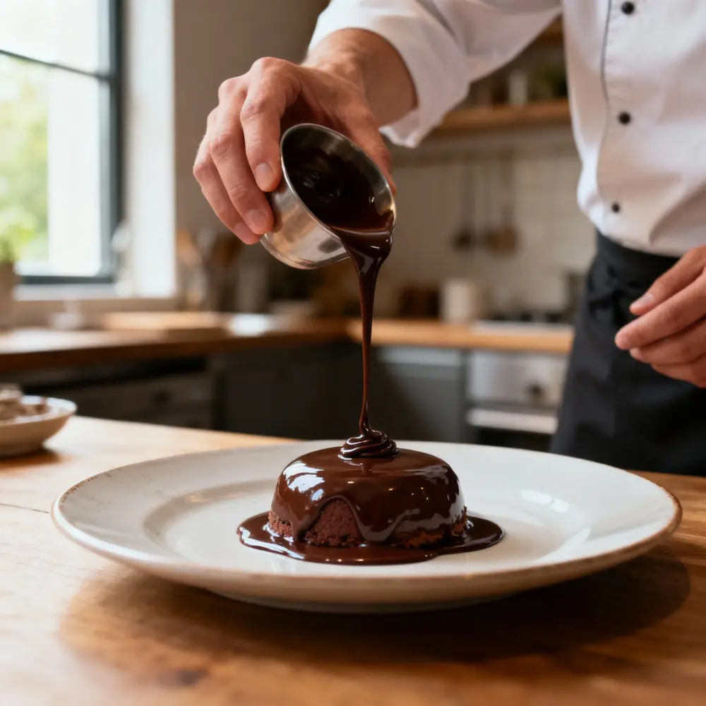 A chef pouring glossy chocolate ganache over a plated dessert in a cozy kitchen with natural light.
