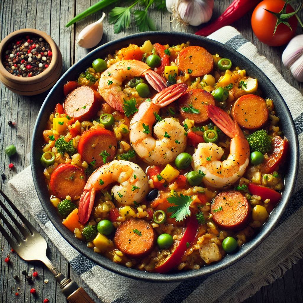 Cajun jambalaya with chicken, shrimp, sausage, and vegetables
