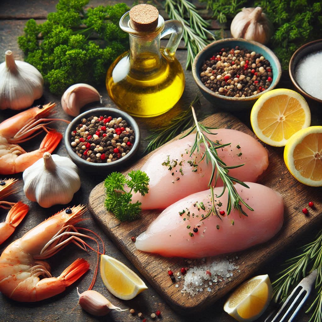 Ingredients for chicken and shrimp sautéed with garlic and lemon"
