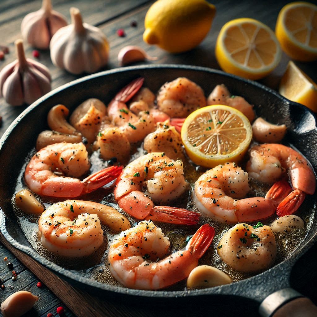 Chicken and shrimp cooking together in a skillet with garlic and lemon
