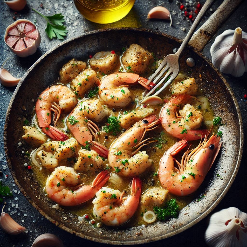 Cooking chicken and shrimp sautéed with garlic and lemon
