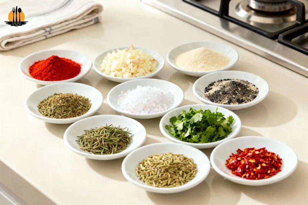 Ten small white plates of spices for a homemade spice blend on a clean kitchen counter.