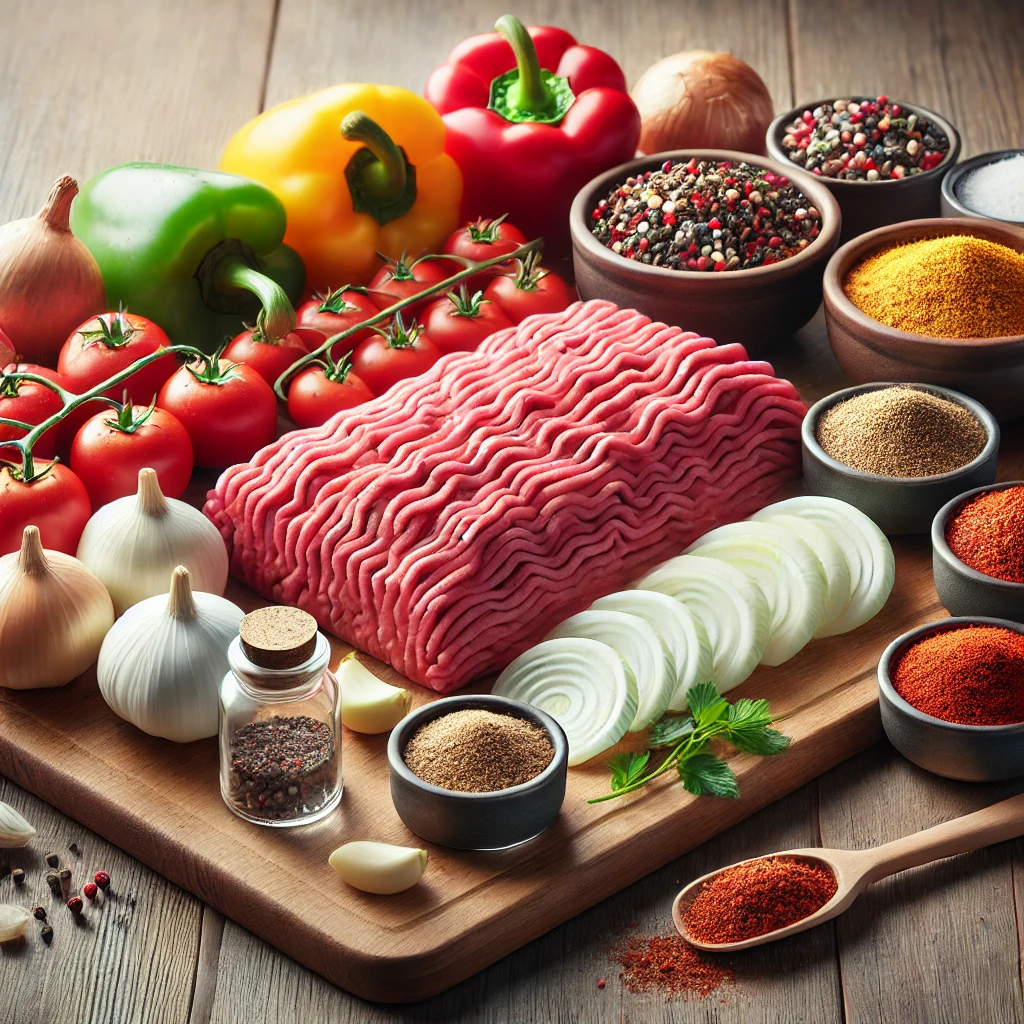 Ground beef, vegetables, and seasonings arranged on a kitchen counter.