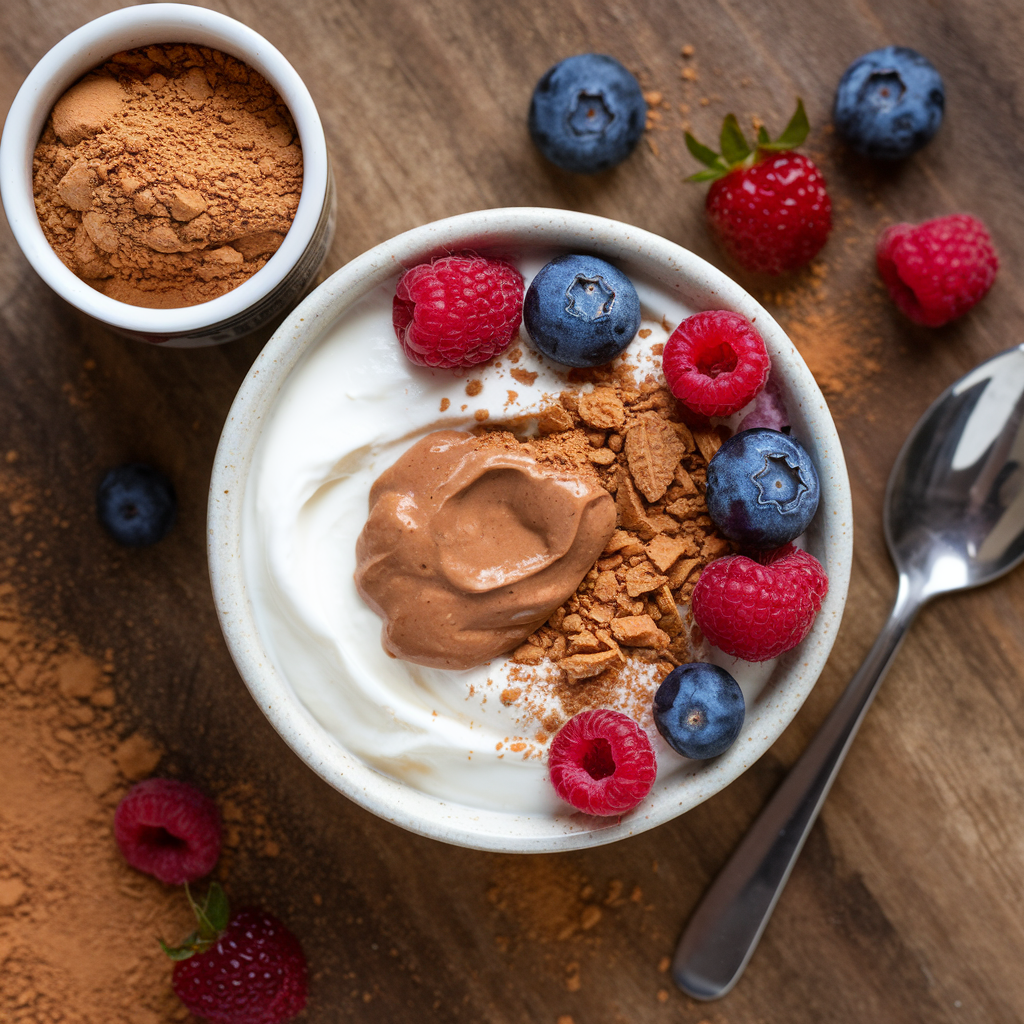 Ingredients for high-protein desserts including protein powder, Greek yogurt, almond butter, and cocoa powder.
