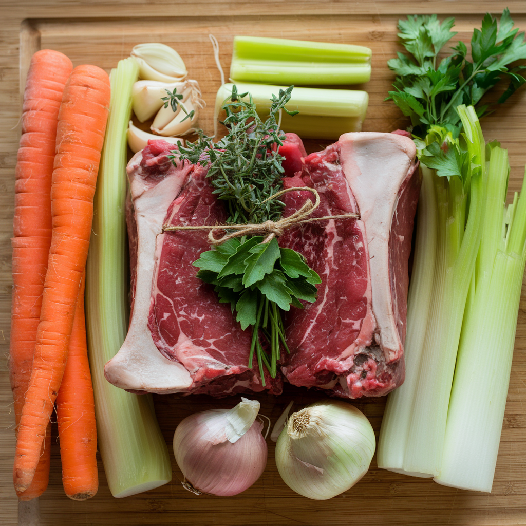 Ingredients for homemade beef stock: beef bones, vegetables, and herbs.
