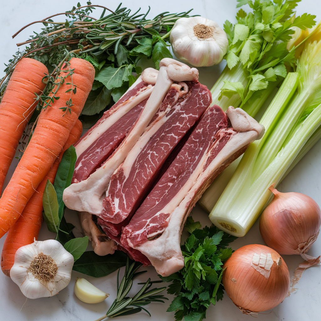 Ingredients for homemade beef stock: beef bones, vegetables, and herbs.
