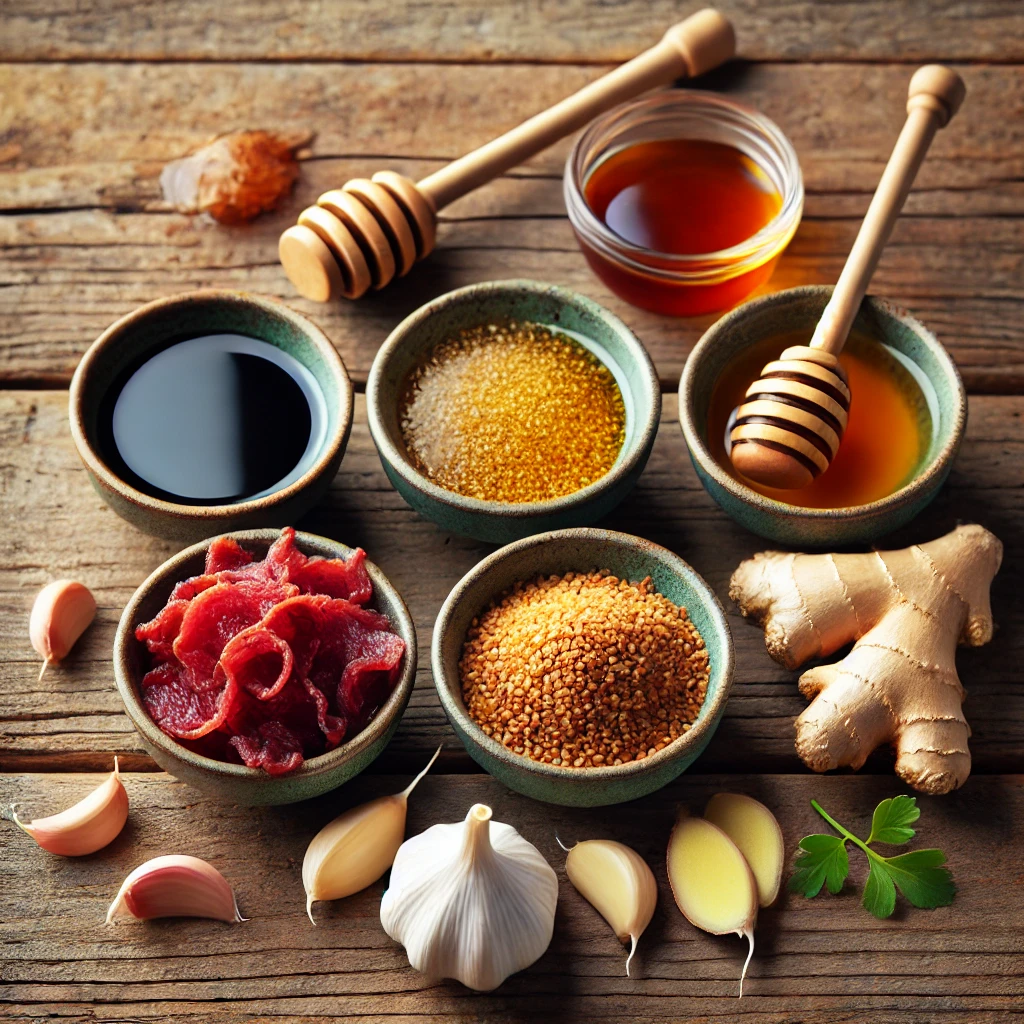 Bowls containing ingredients like soy sauce, honey, garlic, and ginger for Teriyaki Beef Jerky.
