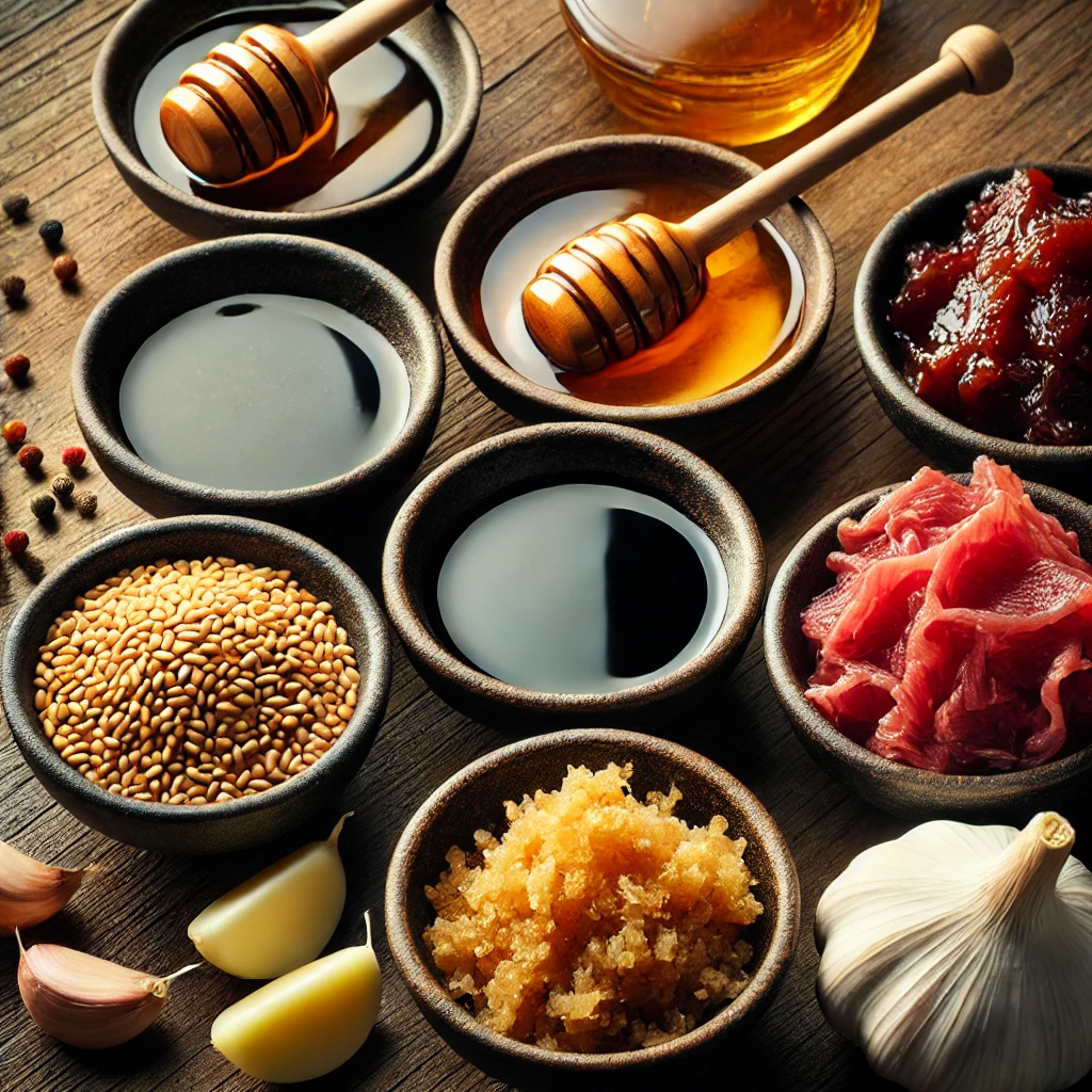 Bowls of soy sauce, honey, garlic, and ginger, key ingredients for Teriyaki marinade.
