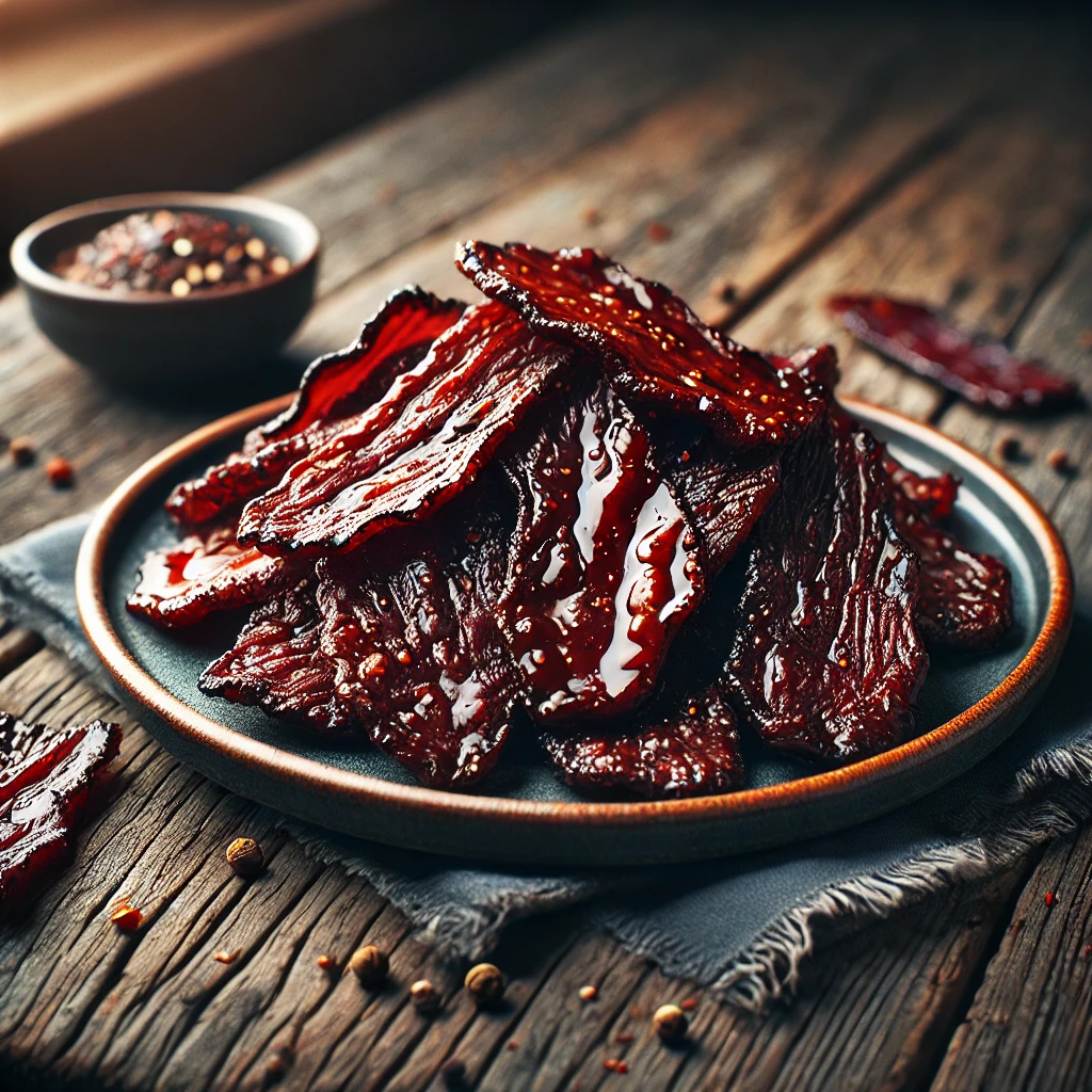 A plate filled with delicious Teriyaki Beef Jerky slices, glistening with a savory glaze.