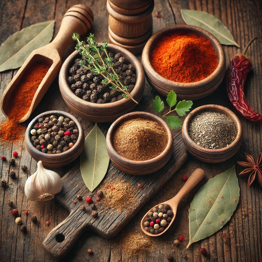 Flat lay of beef stew seasoning ingredients in small bowls, including paprika, thyme, black pepper, garlic powder, and bay leaves on a wooden kitchen counter.