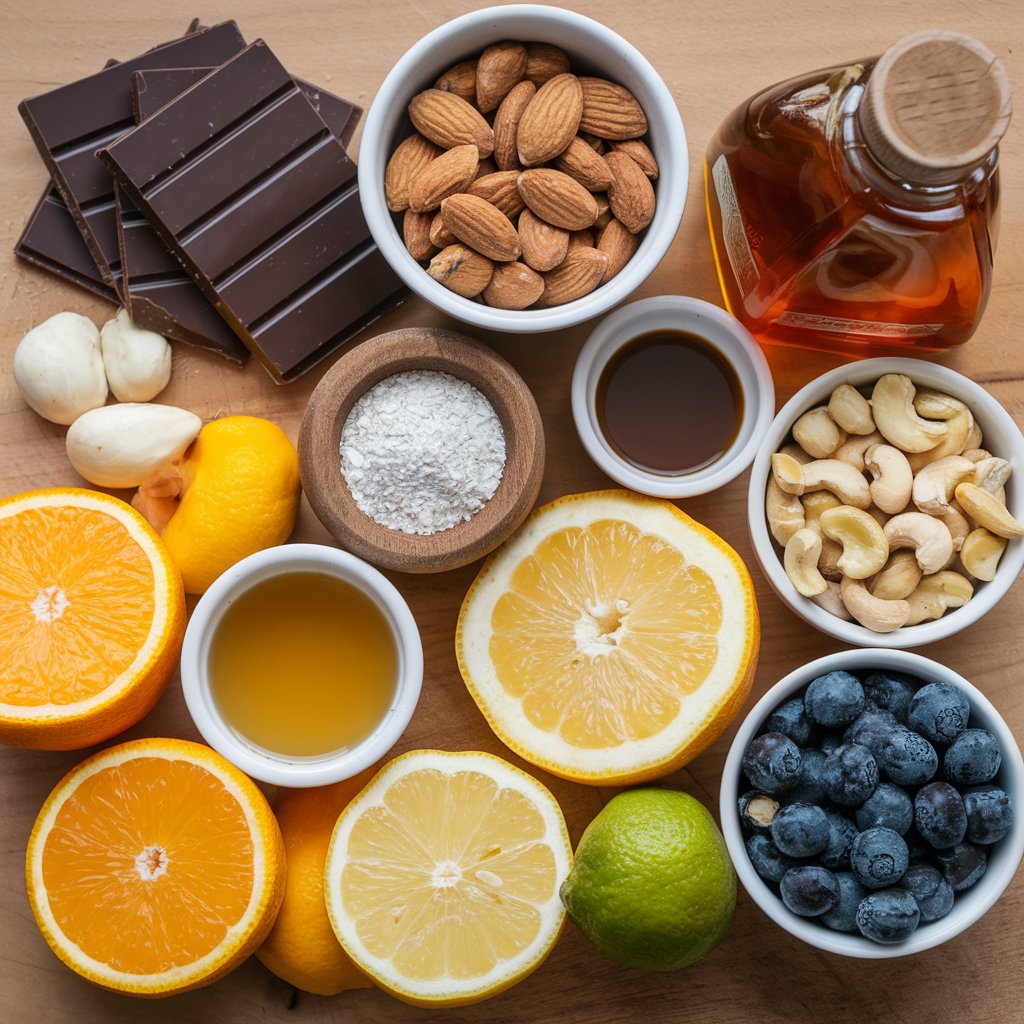 Ingredients for gluten and dairy-free candies, including dairy-free chocolate chips, coconut cream, roasted almonds, and fruit juice, neatly arranged on a countertop.