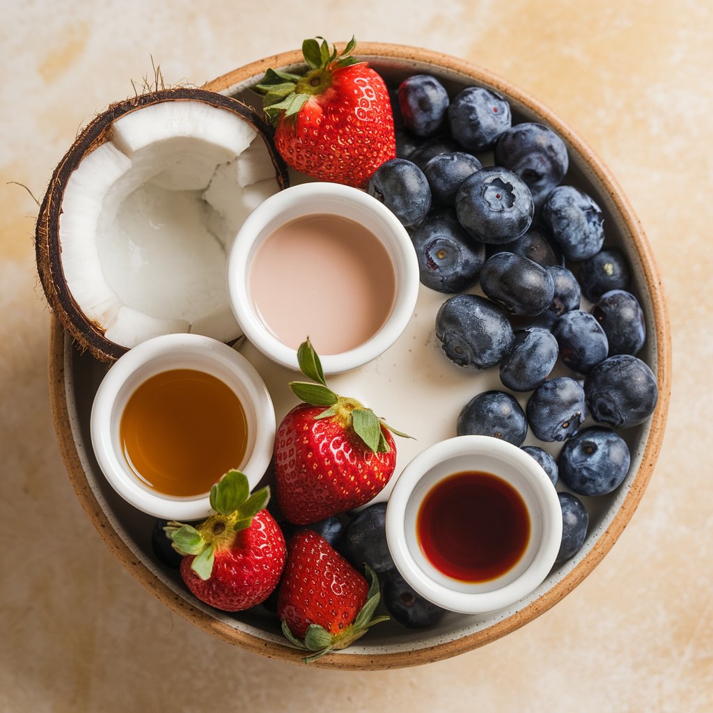 Ingredients for gluten and dairy-free ice cream, including coconut milk, almond milk, cacao powder, and fresh strawberries, arranged on a countertop.
