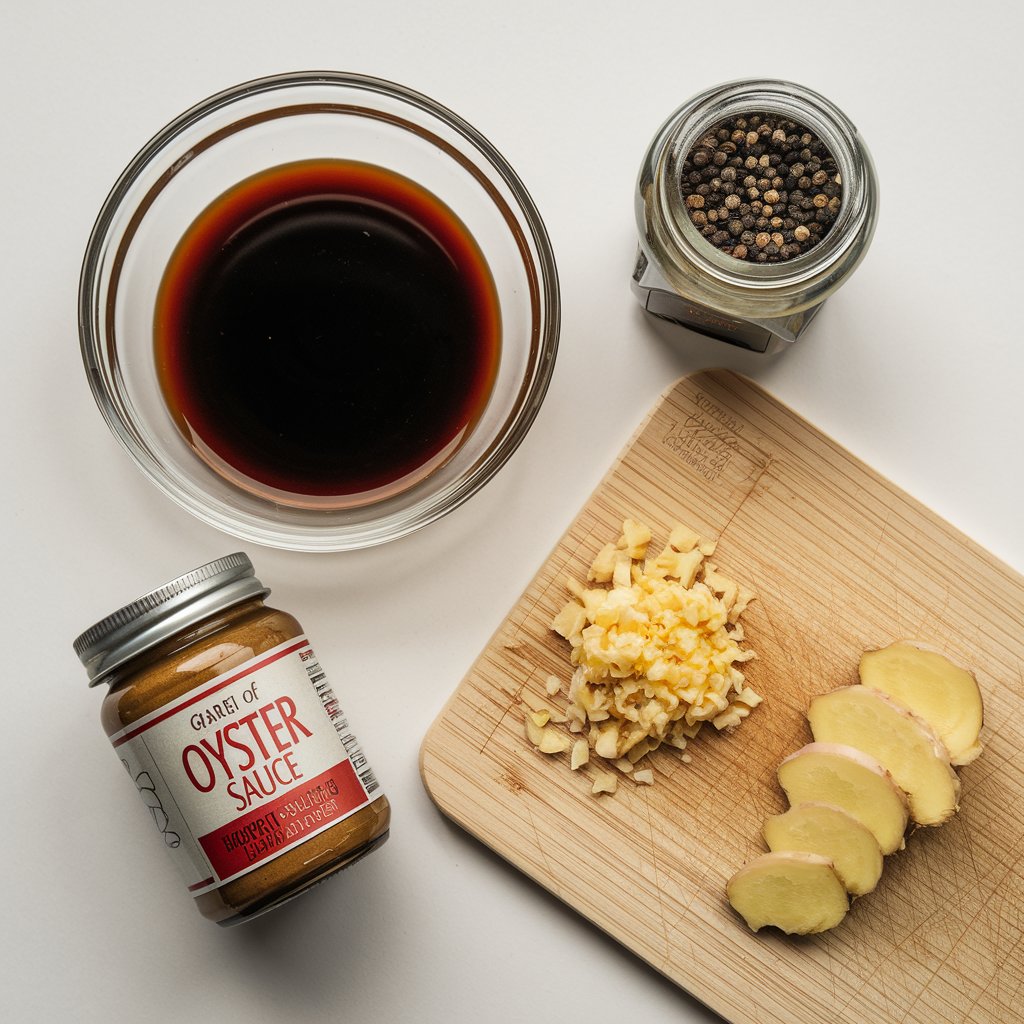 Soy sauce, oyster sauce, and cracked black pepper displayed on a kitchen counter with fresh garlic and ginger.
