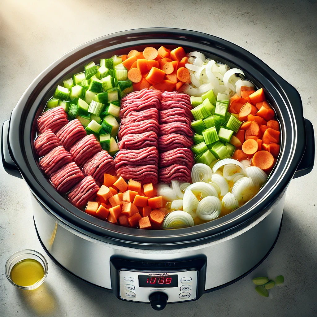 Layered ground beef, vegetables, and broth in a crock pot.