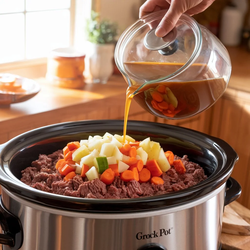 Layering ground beef, vegetables, and liquids in a crock pot.
