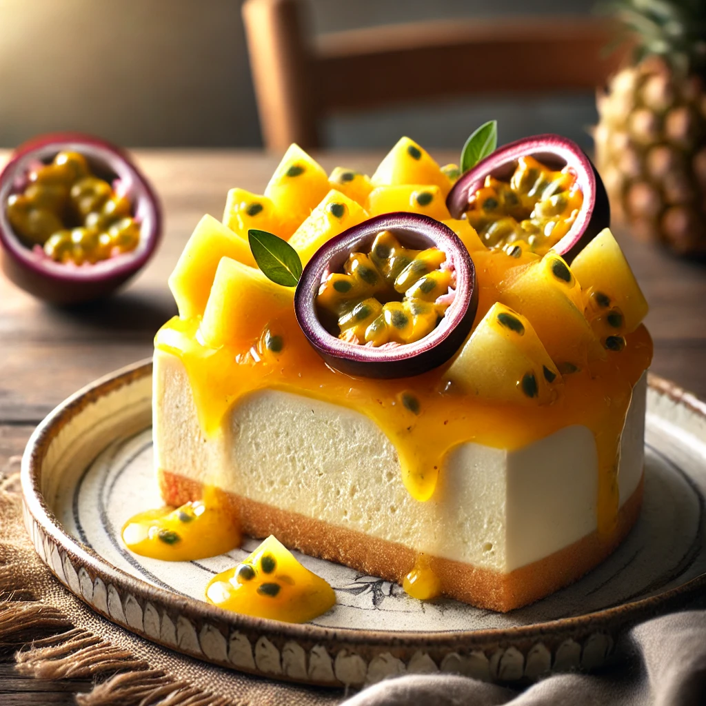 A slice of Lilikoi (Passion Fruit) Cheesecake with a tropical fruit topping.
