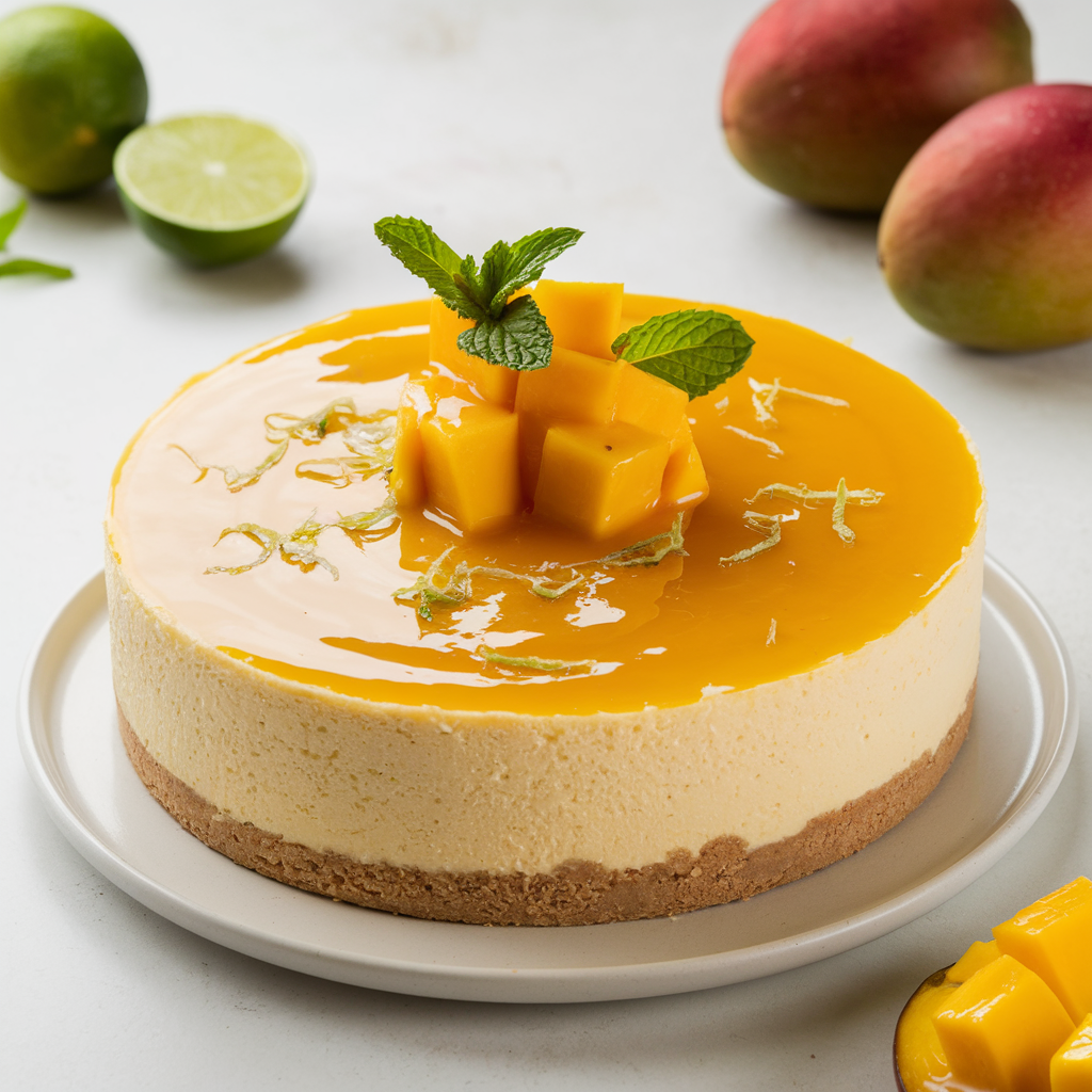 A mango cheesecake with a glossy mango glaze, mint leaves, and lime zest.
