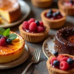 A lavish assortment of fancy desserts, including crème brûlée, chocolate lava cake, and fruit tarts, elegantly arranged on a table.