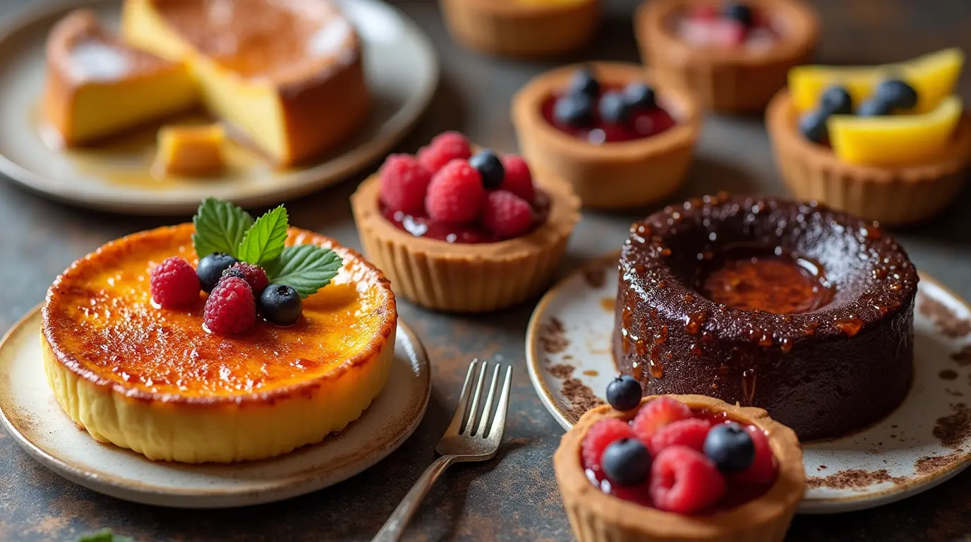 A lavish assortment of fancy desserts, including crème brûlée, chocolate lava cake, and fruit tarts, elegantly arranged on a table.