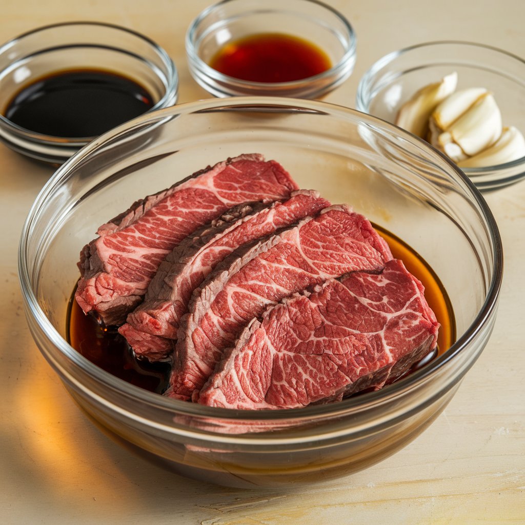 Marinated beef slices in a bowl with soy sauce, cornstarch, and baking soda ready for velveting.
