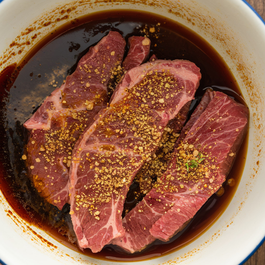 Beef strips marinating in a glass bowl with spices and sauces.
