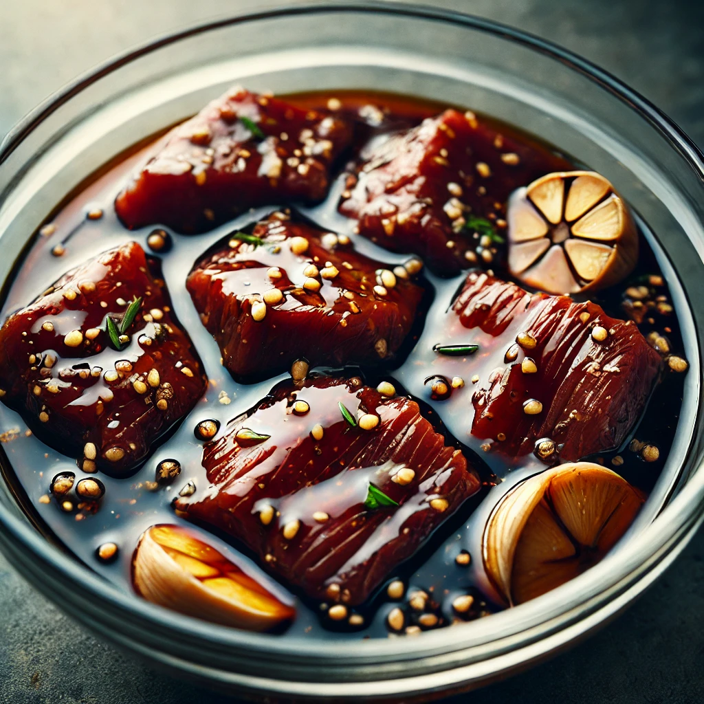 Beef slices soaking in a teriyaki marinade in a glass bowl.
