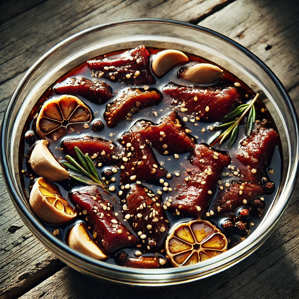 Beef strips soaking in a rich teriyaki marinade in a clear bowl.
