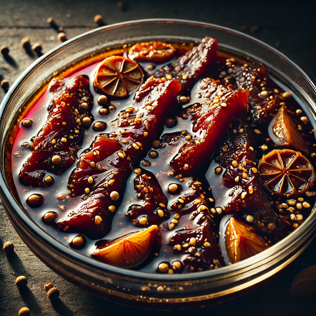 Beef strips soaking in a rich teriyaki marinade in a clear bowl.
