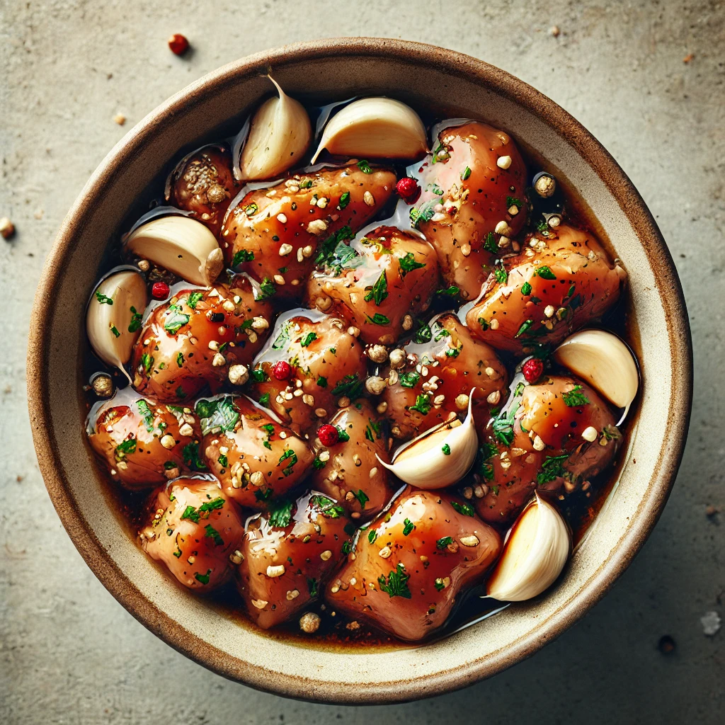 Diced chicken pieces marinating in a bowl with a mixture of soy sauce, garlic, and herbs.
